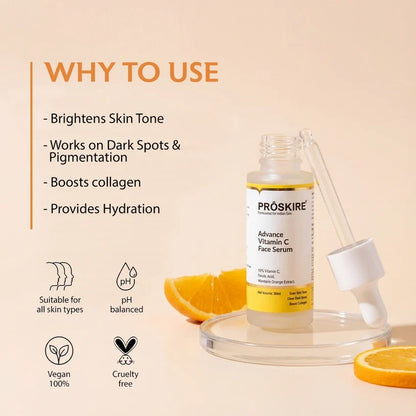 Proskire 10% Advance Vitamin C Serum With Ferulic Acid, For Dark Spots Pigmentation & Glowing Face - 30 ml (Pack of 1)