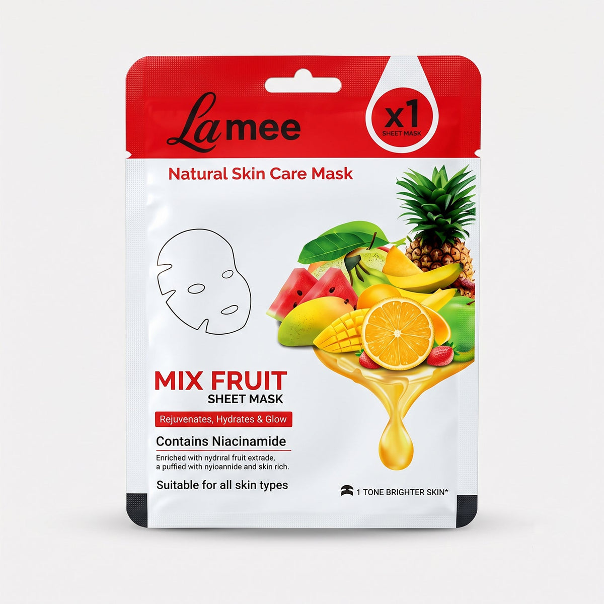 Wukusy mix fruit facial sheet mask with niacinamide for hydrating skin, showing the sealed mask sheet in a skincare setting.