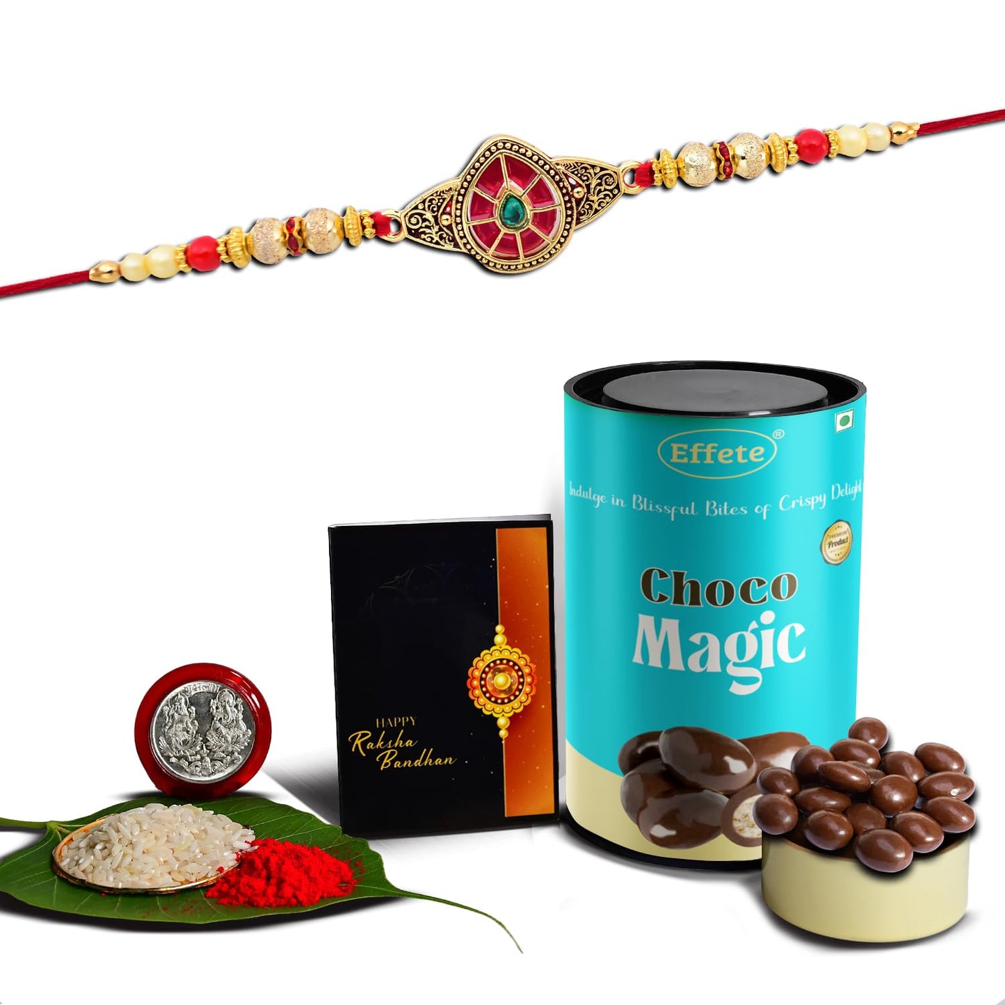 Wukusy Rakhi combo with Chocolate Magic Rakhi for brother, includes a 200g chocolate bar and decorative gift set.