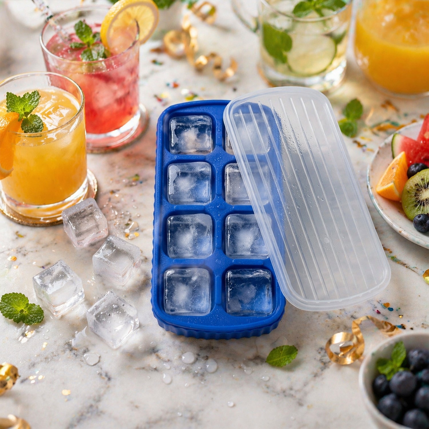 Multipurpose Square Ice Cube Tray With Lid (1 Pc 17x9 Cm 8 Grid)