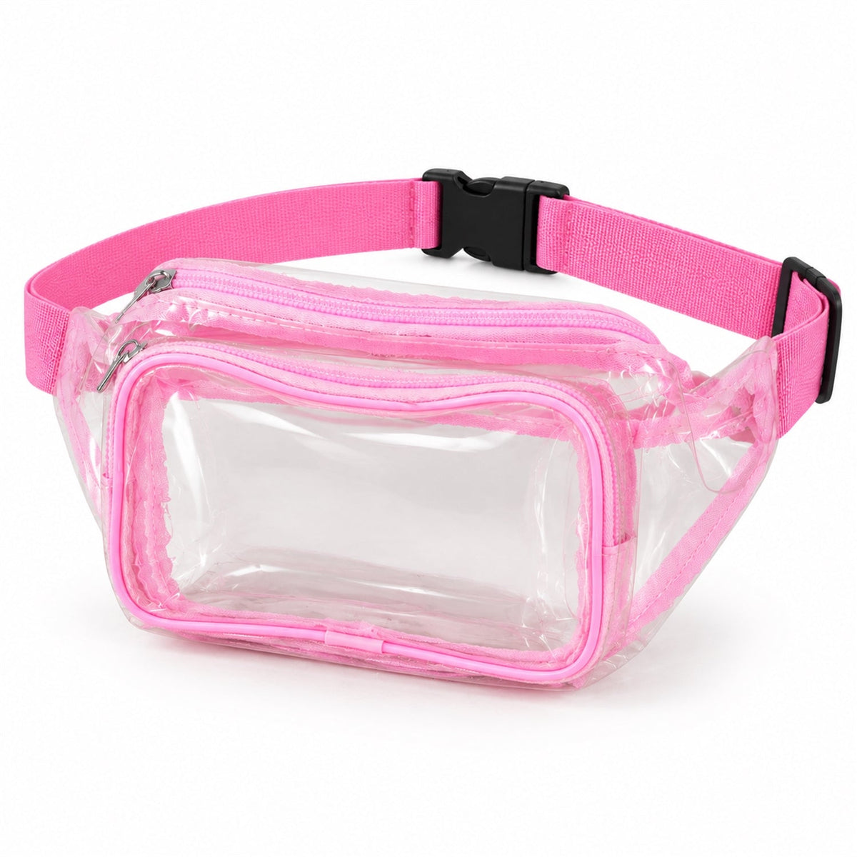 Transparent PVC waist bag by Wukusy with two zip pockets and adjustable strap, measuring 26x16 cm, shown with the bag open.