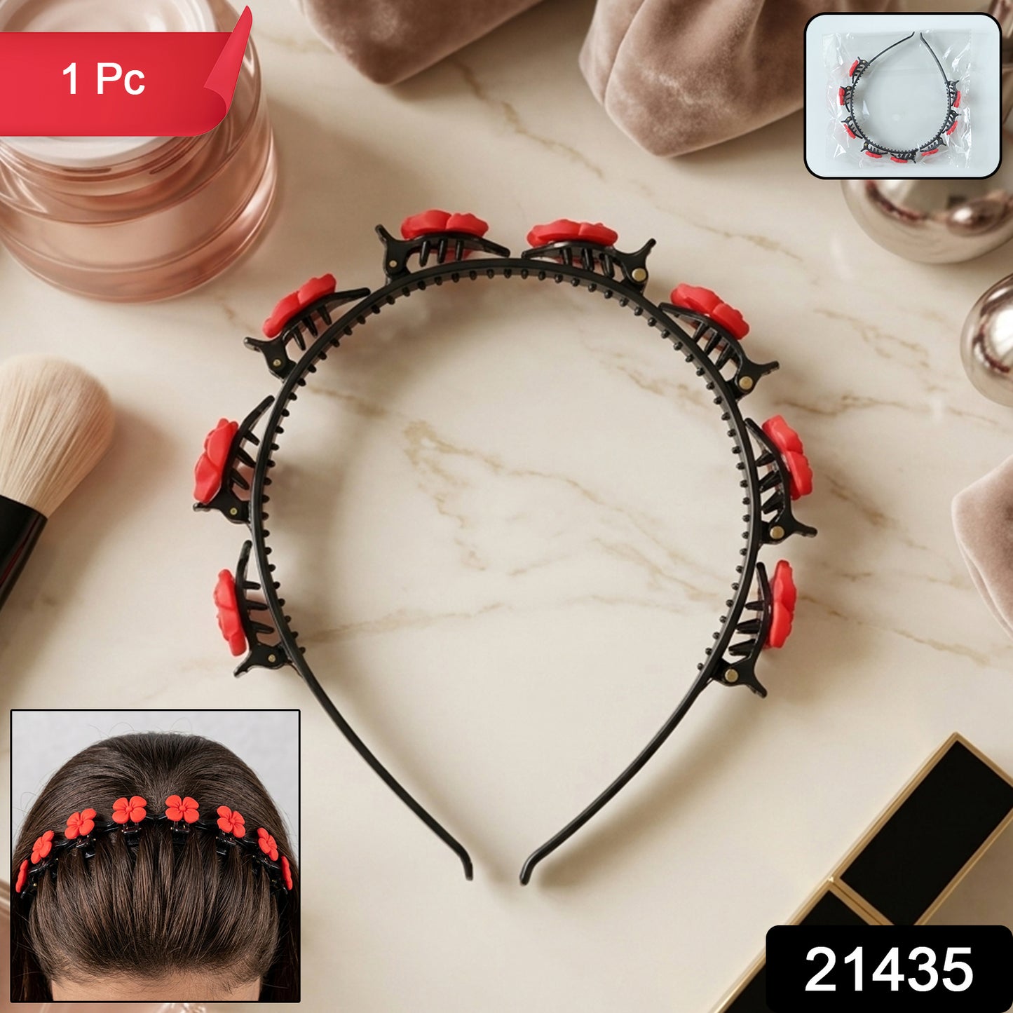 Decorative Floral Headband With Built In Mini Claw Clips Hair Band 1 Pc