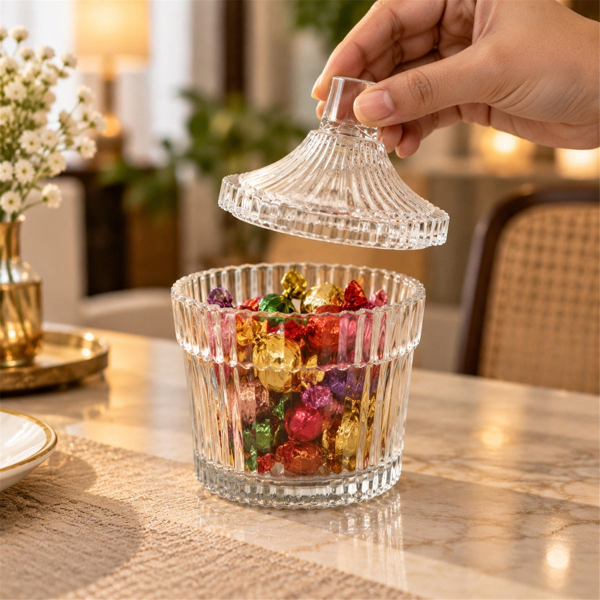 Wukusy crystal clear candy jar with lid, ribbed design, ideal for dry fruits and sweets, durable glass storage container