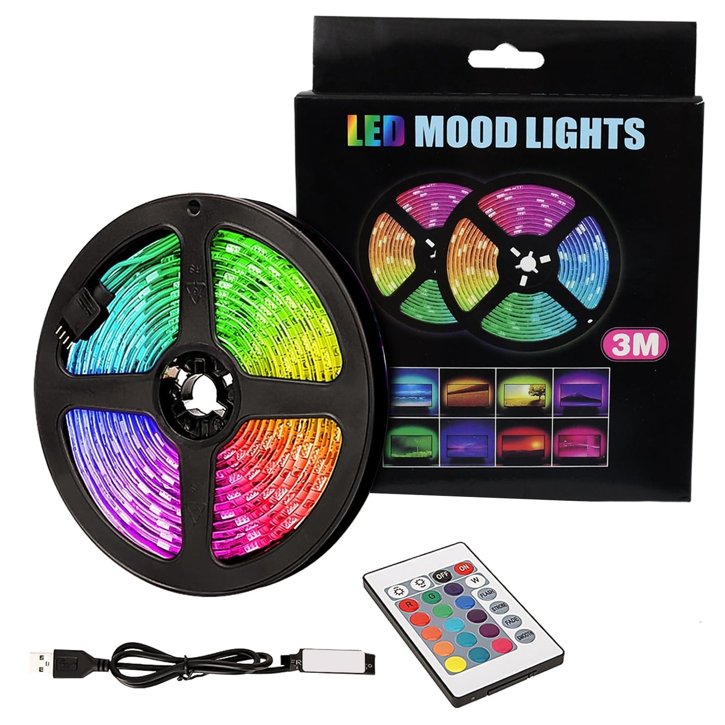 Wukusy 3m RGB LED strip lights set with color-changing mood lights and flexible design for home decoration and ambiance.