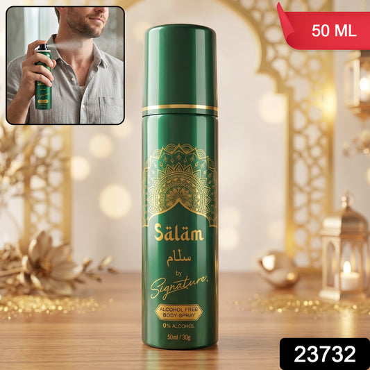 Wukusy Signature Salam Free Body Spray bottle, 50ml, with a sleek design and floral scent, displayed on a neutral background.