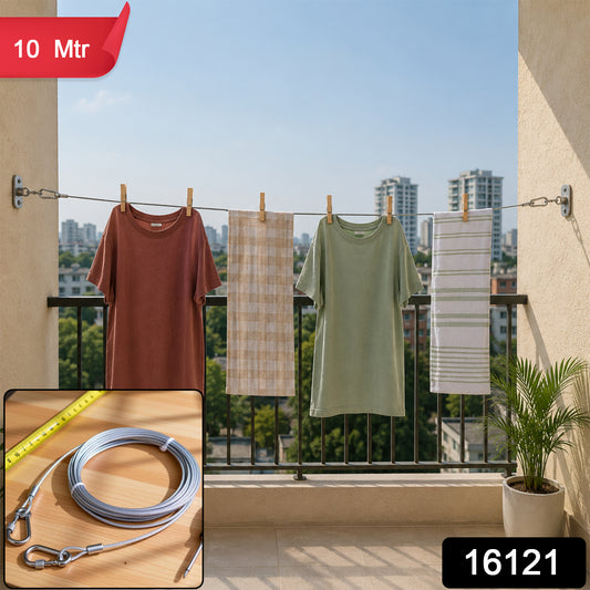 Heavy Duty Ss Wire Clothesline Rope With Locking Hooks For Home Laundry (10 M)