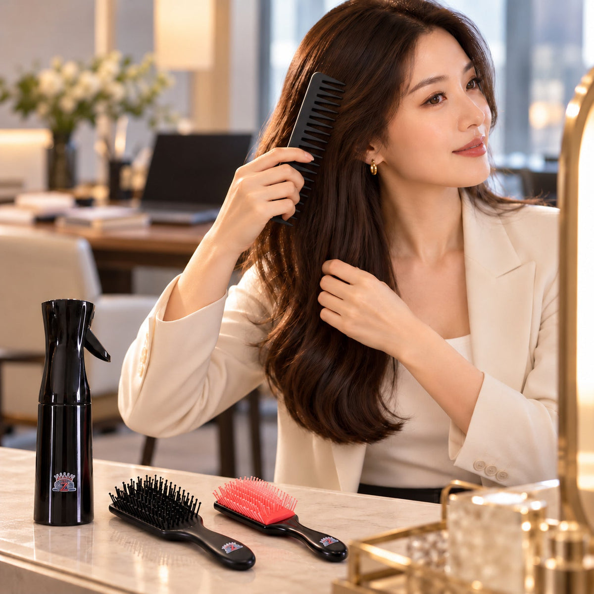 Wukusy 4-in-1 hair grooming set with spray bottle, brushes, and wide-tooth comb for styling and hair care.