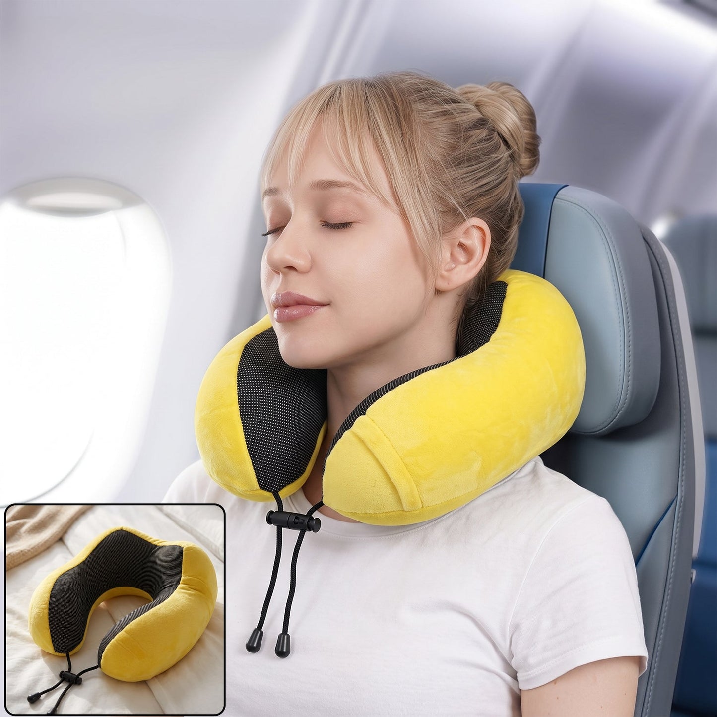 U Shaped Soft Neck Pillow Yellow Plush Travel Pillow With Drawstring (1 Pc)