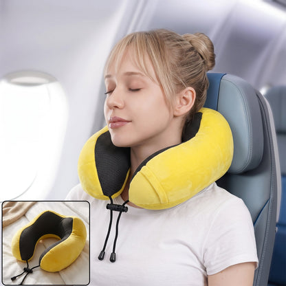 U Shaped Soft Neck Pillow Yellow Plush Travel Pillow With Drawstring (1 Pc)