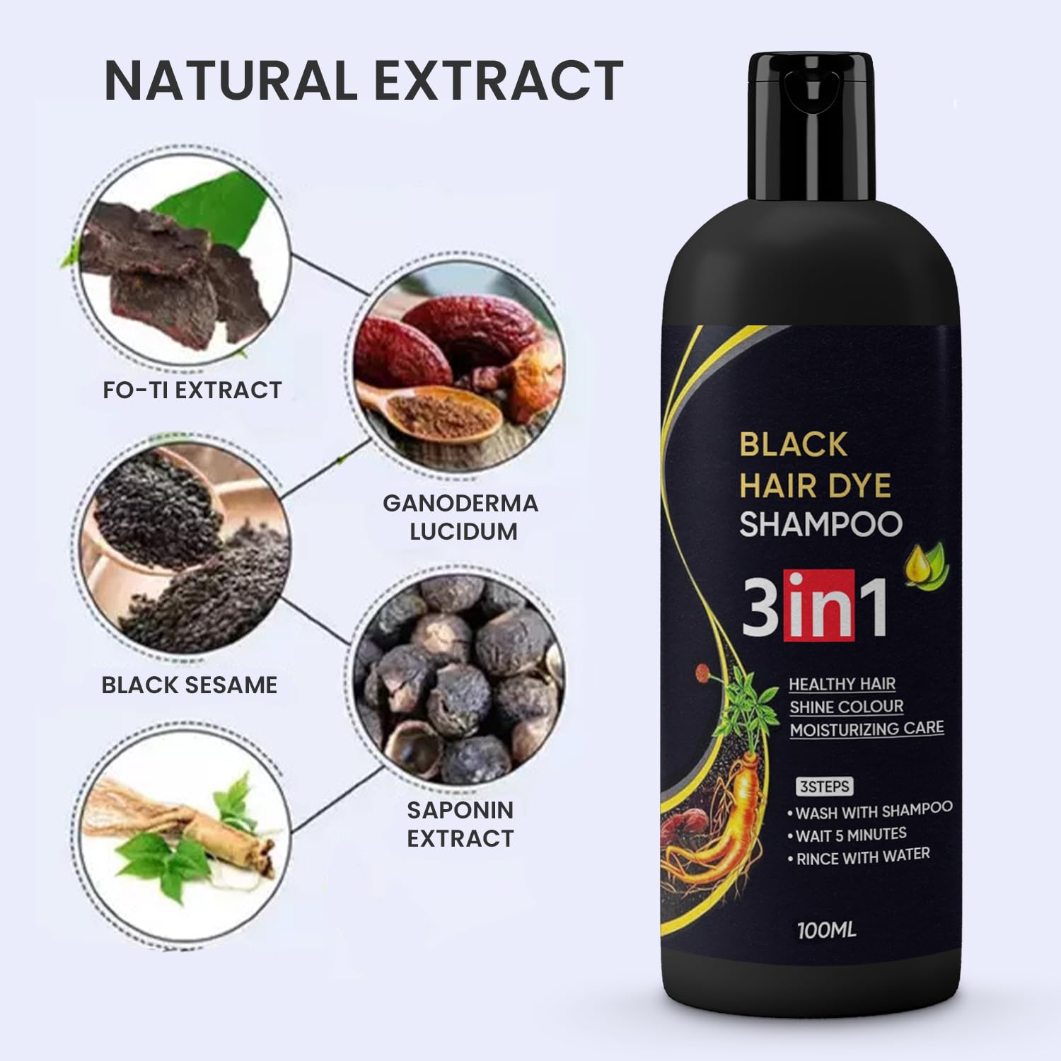 Pack of 4 Drpshippr 3-in-1 black hair dye natural shampoo bottles for hair coloring and care.