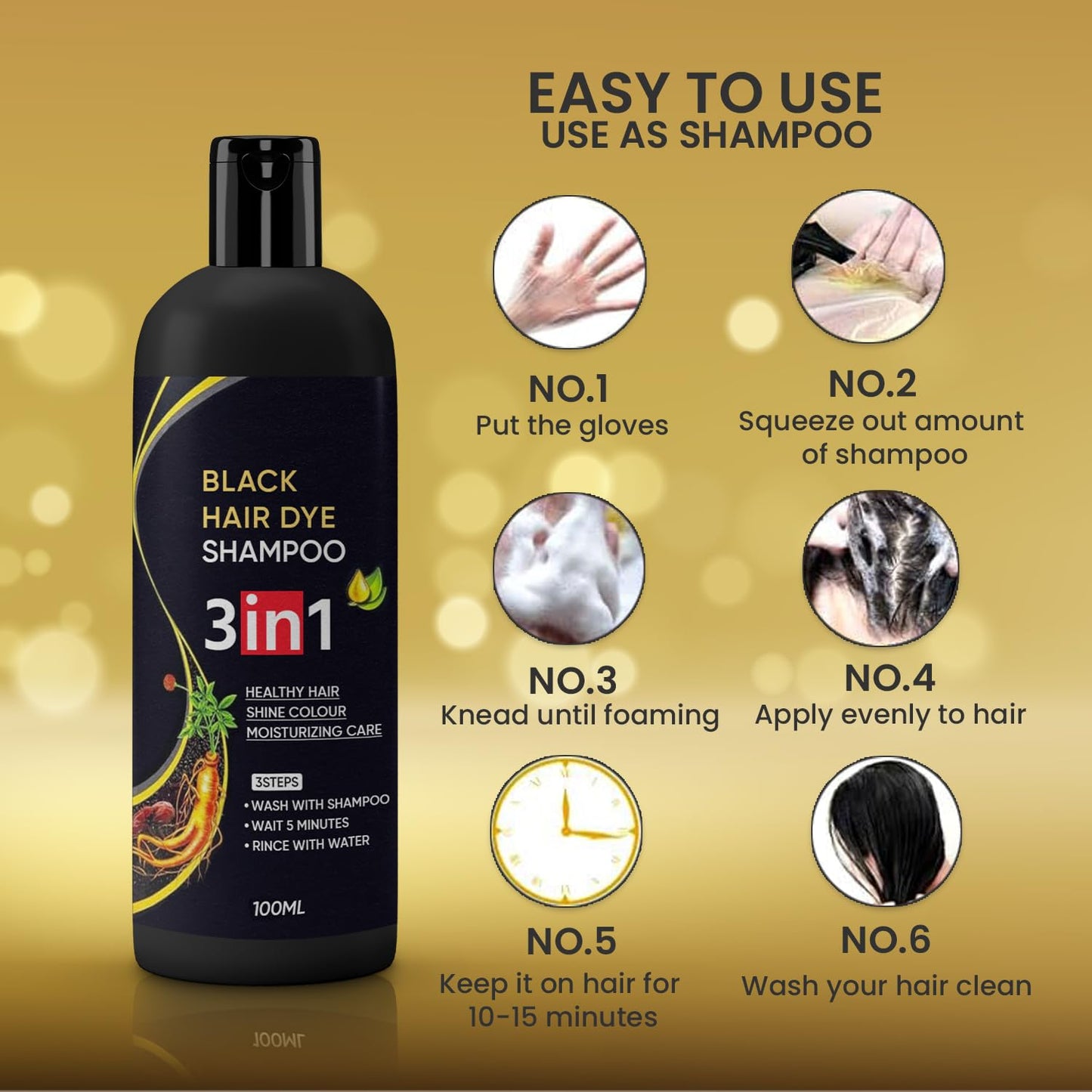 Pack of 4 Drpshippr 3-in-1 black hair dye natural shampoo bottles for hair coloring and care.
