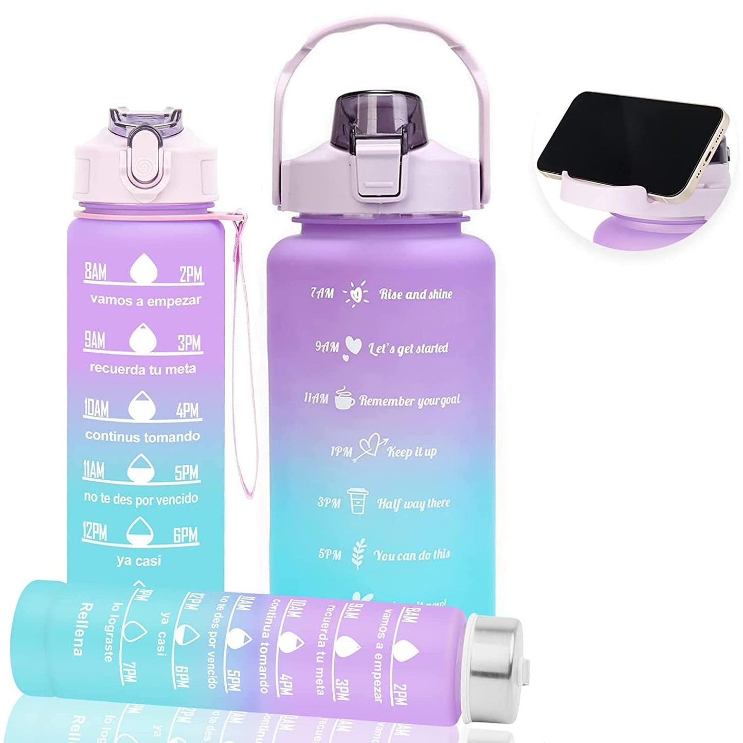 Set of three Drpshippr water bottles with motivational time markers, ideal for staying hydrated throughout the day.
