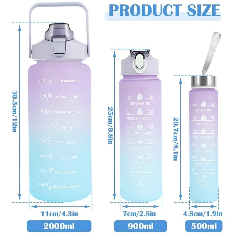 Set of three Drpshippr water bottles with motivational time markers for hydration tracking in home and kitchen use.