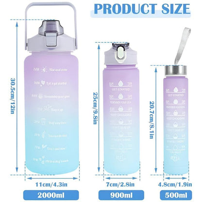 Set of three Drpshippr water bottles with motivational time markers for hydration tracking in home and kitchen use.