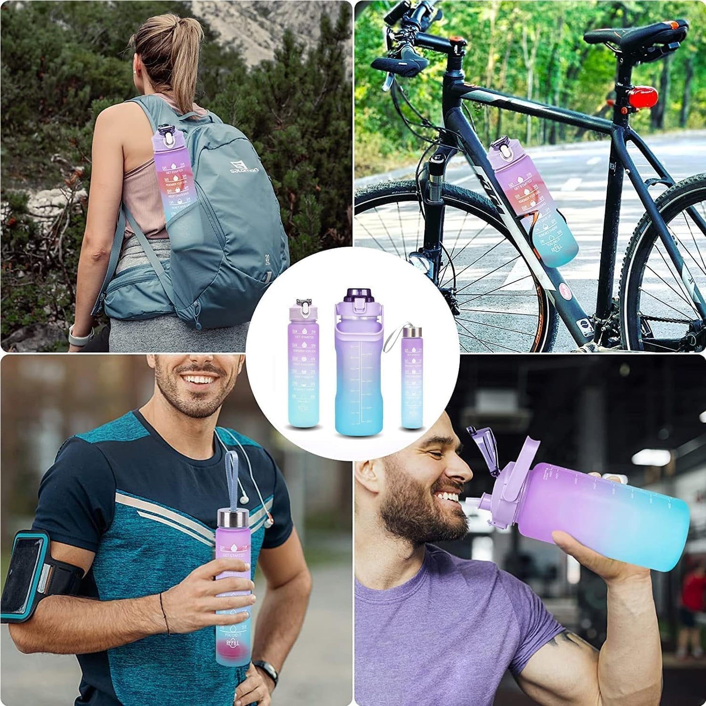 Set of three Drpshippr water bottles with motivational time markers for tracking hydration, made of clear plastic with colorful lids.