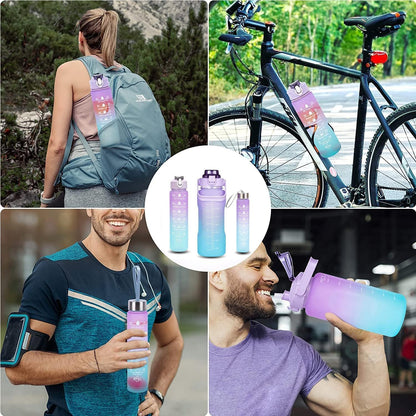 Set of three Drpshippr water bottles with motivational time markers for tracking hydration, made of clear plastic with colorful lids.
