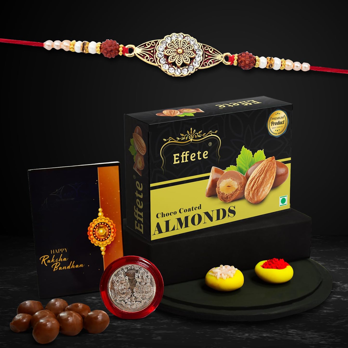 Wukusy handmade chocolate almond Rakhi for brother, stylish gift set with decorative thread and traditional design, 32g.