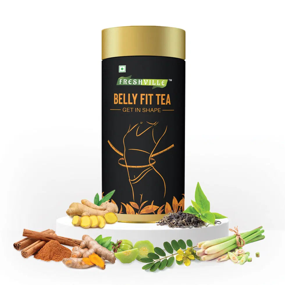 Freshville Belly Fit Tea in a ceramic tea pot, 100g, with a vibrant design, perfect for brewing herbal tea at home