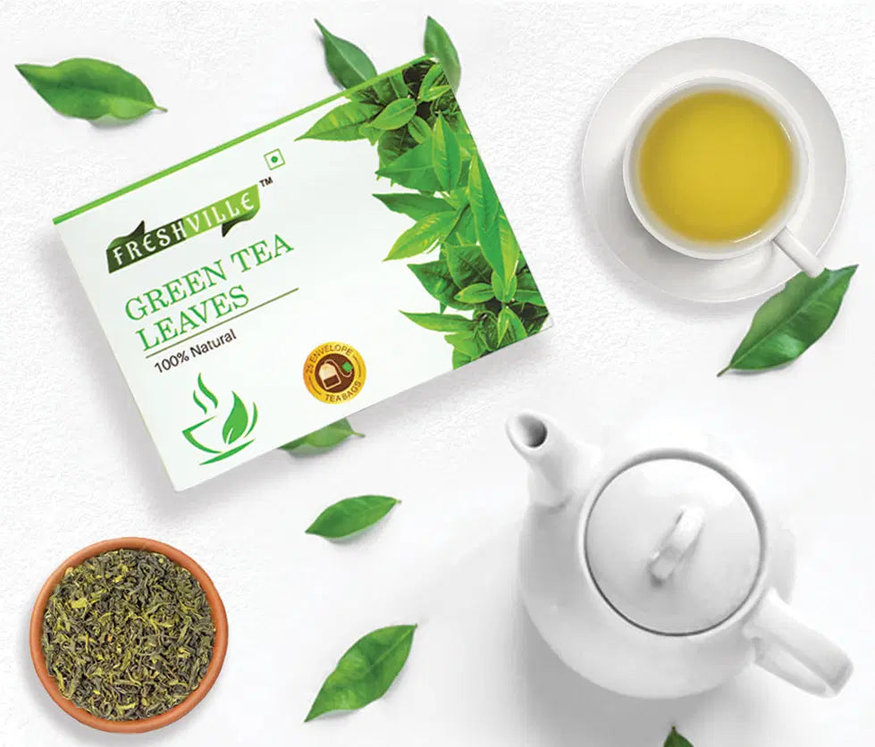 Freshville Green Tea Bag in a tea pot, showcasing the packaging of 25 tea bags from the Freshville brand.