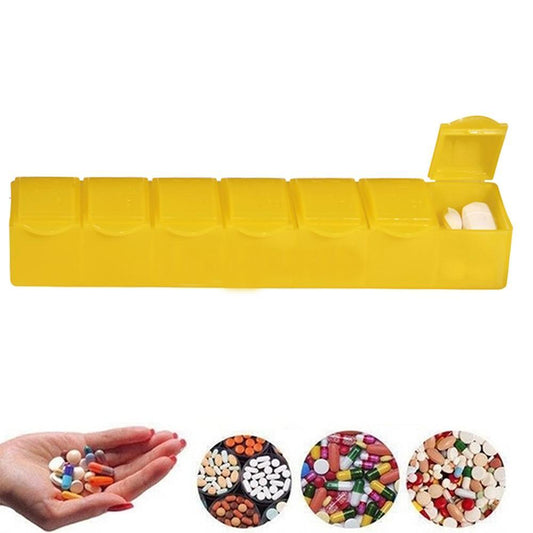 Wukusy 7-day pill box with seven compartments for daily medication organization, shown open with visible individual sections.