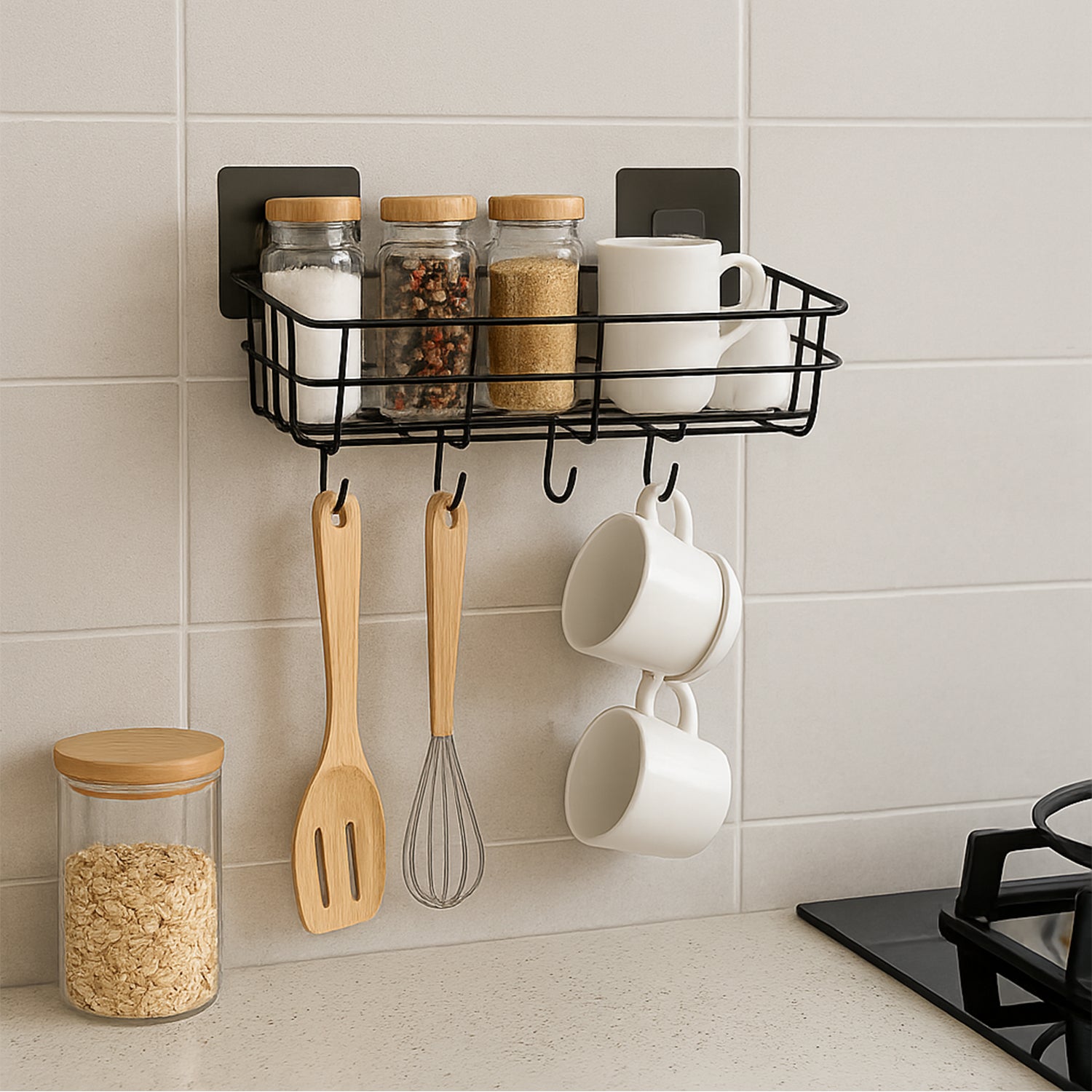 Pair of Wukusy heavy-duty self-adhesive wall storage baskets with hooks mounted on a wall for organizing supplies.