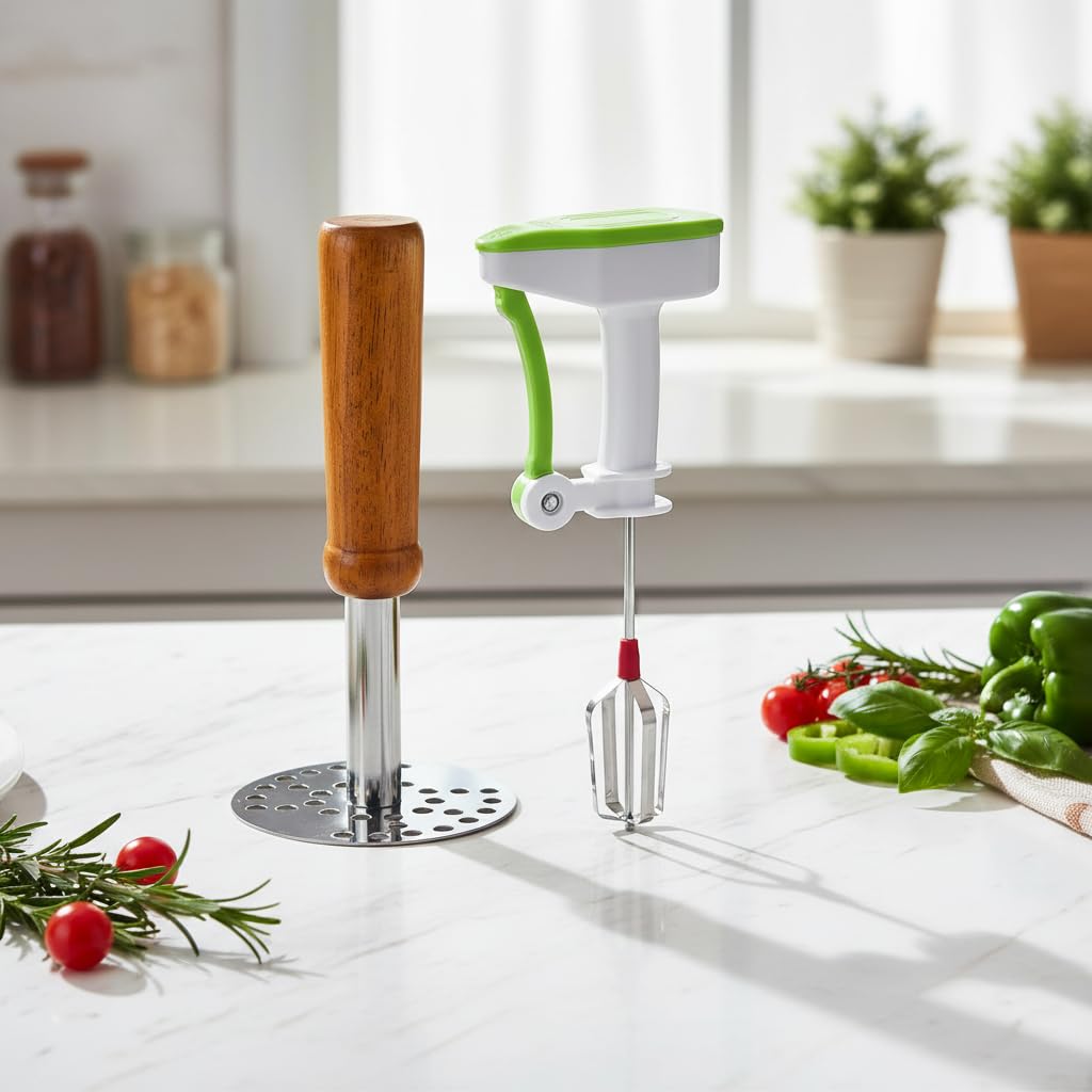  Combo of Steel Potato Masher & Power-Free Blender – Easy-to-Use Manual Kitchen Tools for Mashing, Blending, and Cooking | Essential Set for Smoothies, Sauces, and Mashed Potatoes