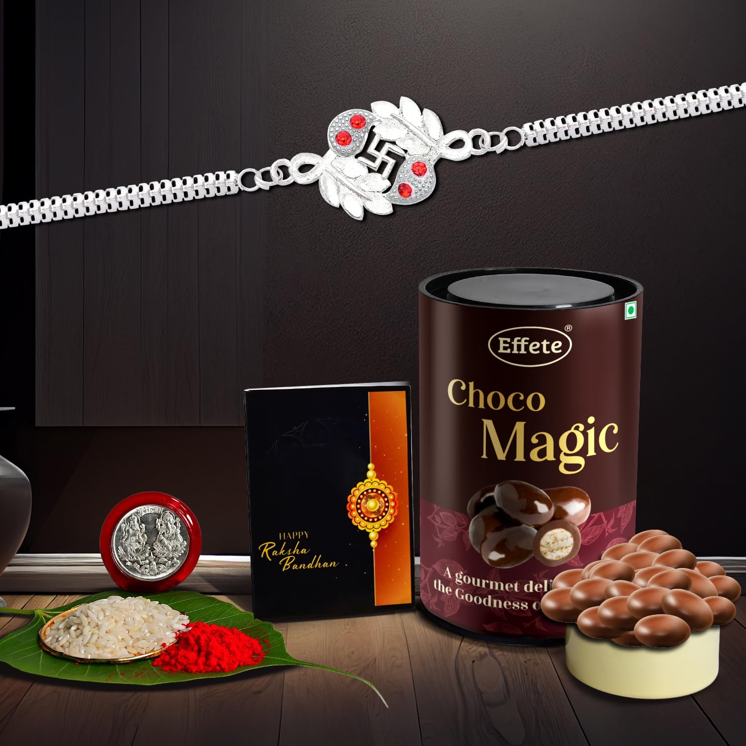 Wukusy Chocolate Magic Rakhi combo with decorative Rakhi, chocolates, and greeting card for brothers, set of 1.