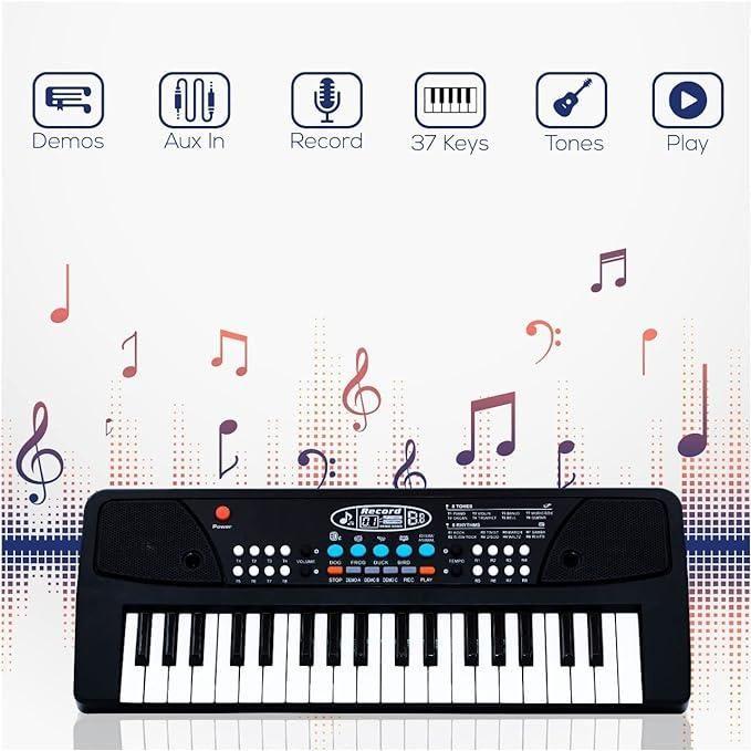 Drpshippr 37-key piano keyboard toy with microphone, USB power cable, sound recording, portable analog design for kids.