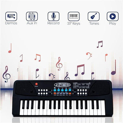 Drpshippr 37-key piano keyboard toy with microphone, USB power cable, sound recording, portable analog design for kids.