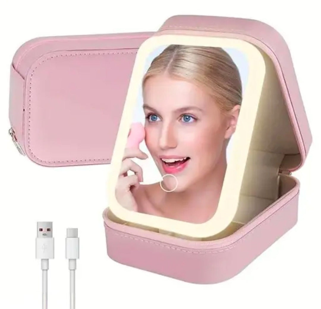 Dropdash portable LED makeup mirror box with 3-color light, compact design, ideal for beauty and wellness routines.