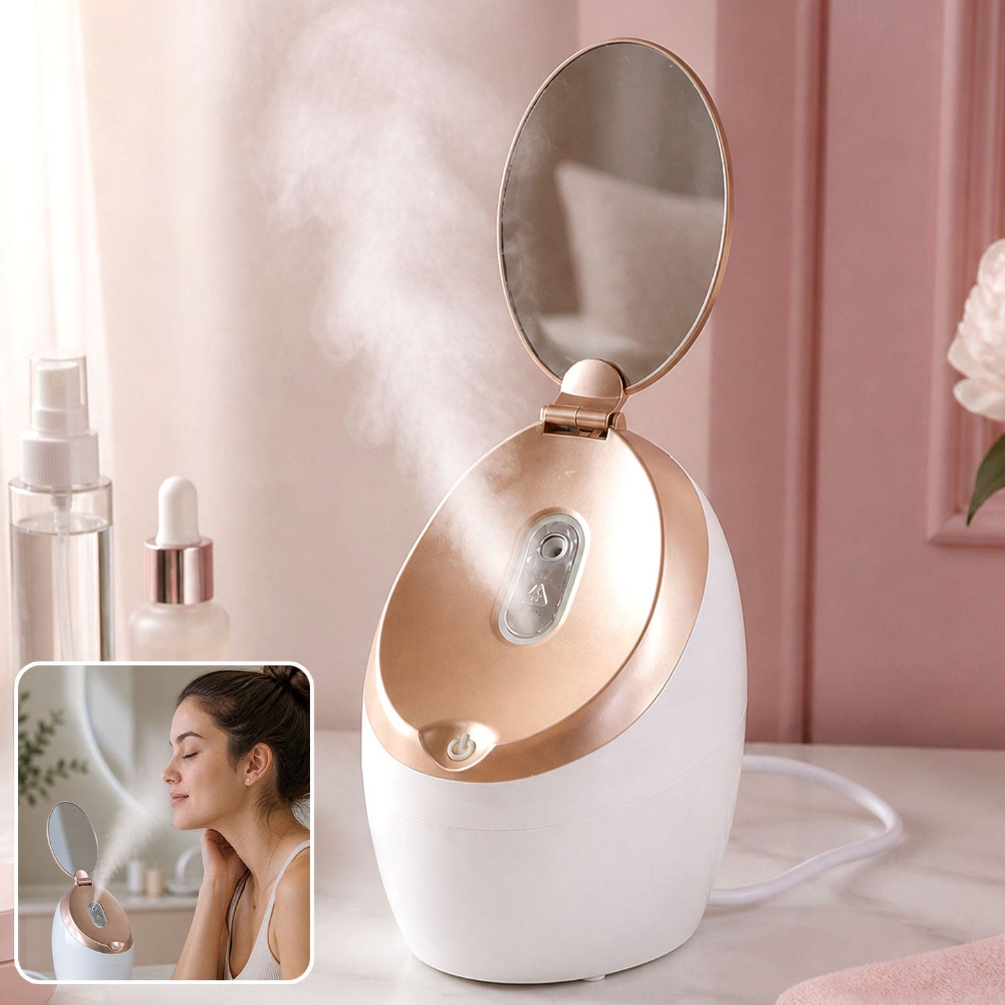 Electric Facial Steamer With Mirror For Deep Cleansing Hydration And Home Spa