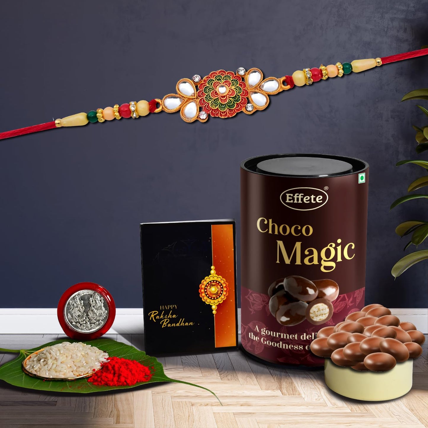 Floral Design Rakhi For Brother Set Of 1 With Chocolate Magic (K1_410_em)