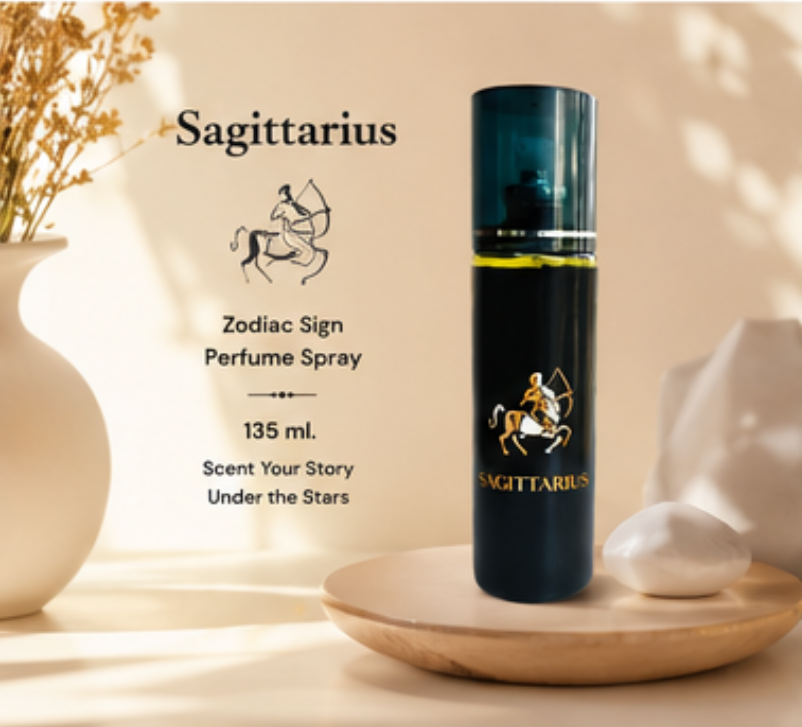 Dropdash Zodiac Signs Sagittarius liquid body spray bottle, 135 ML, designed for men and women with celestial-themed packaging.