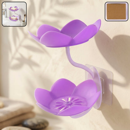 Wall-mounted Wukusy flower-shaped double layer plastic soap dish holder with a decorative flower design.