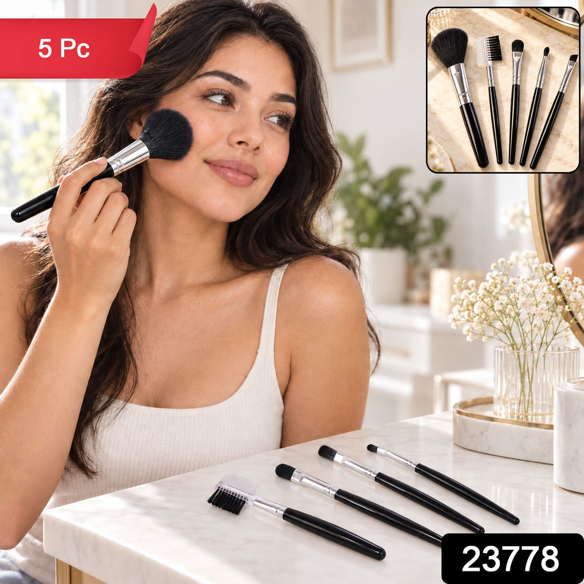 Wukusy mini makeup brush set with five compact brushes for face, eye, brow, and lip makeup on a white background.