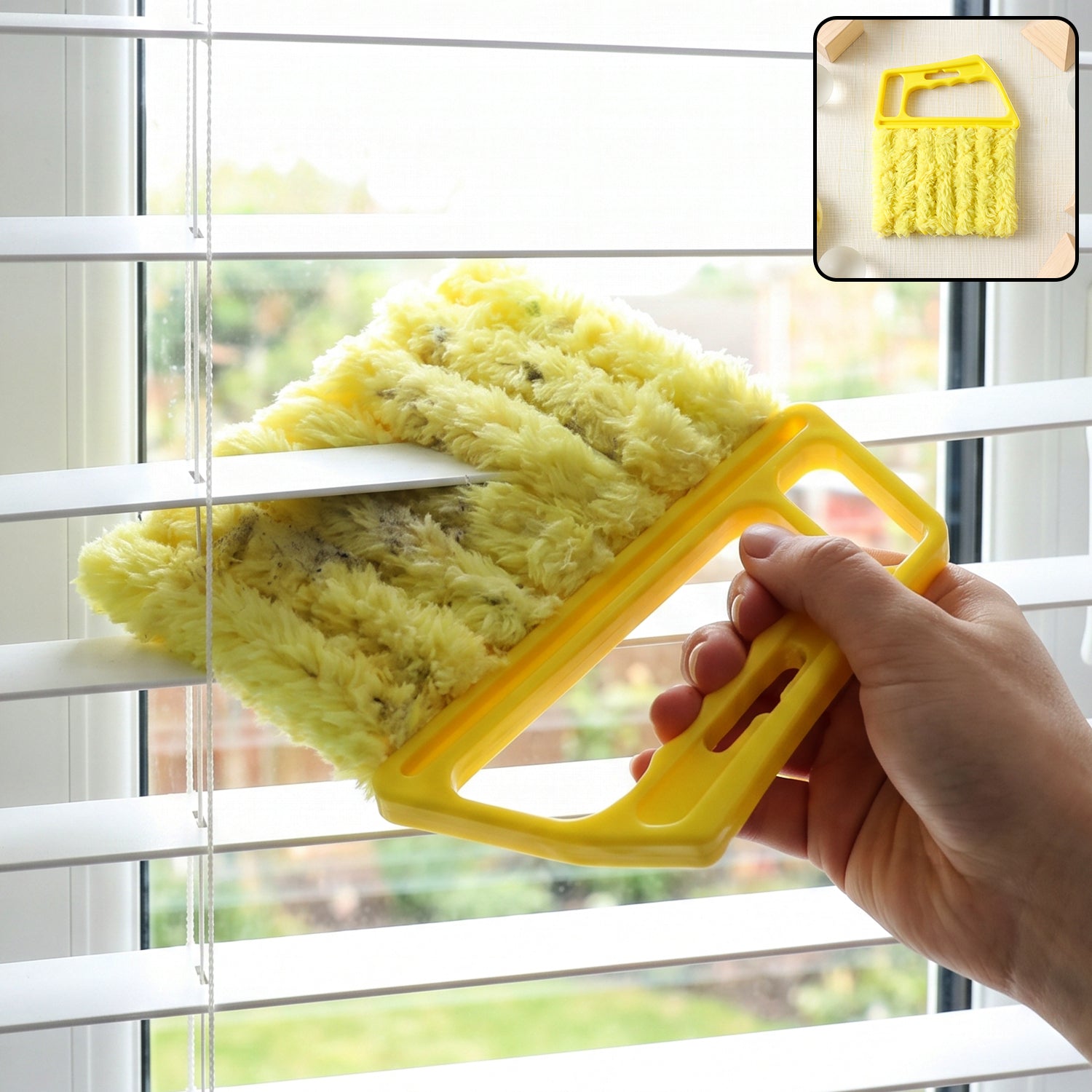 Wukusy microfiber blind cleaner duster brush for window blinds and AC vents, showing soft microfiber bristles and ergonomic handle.