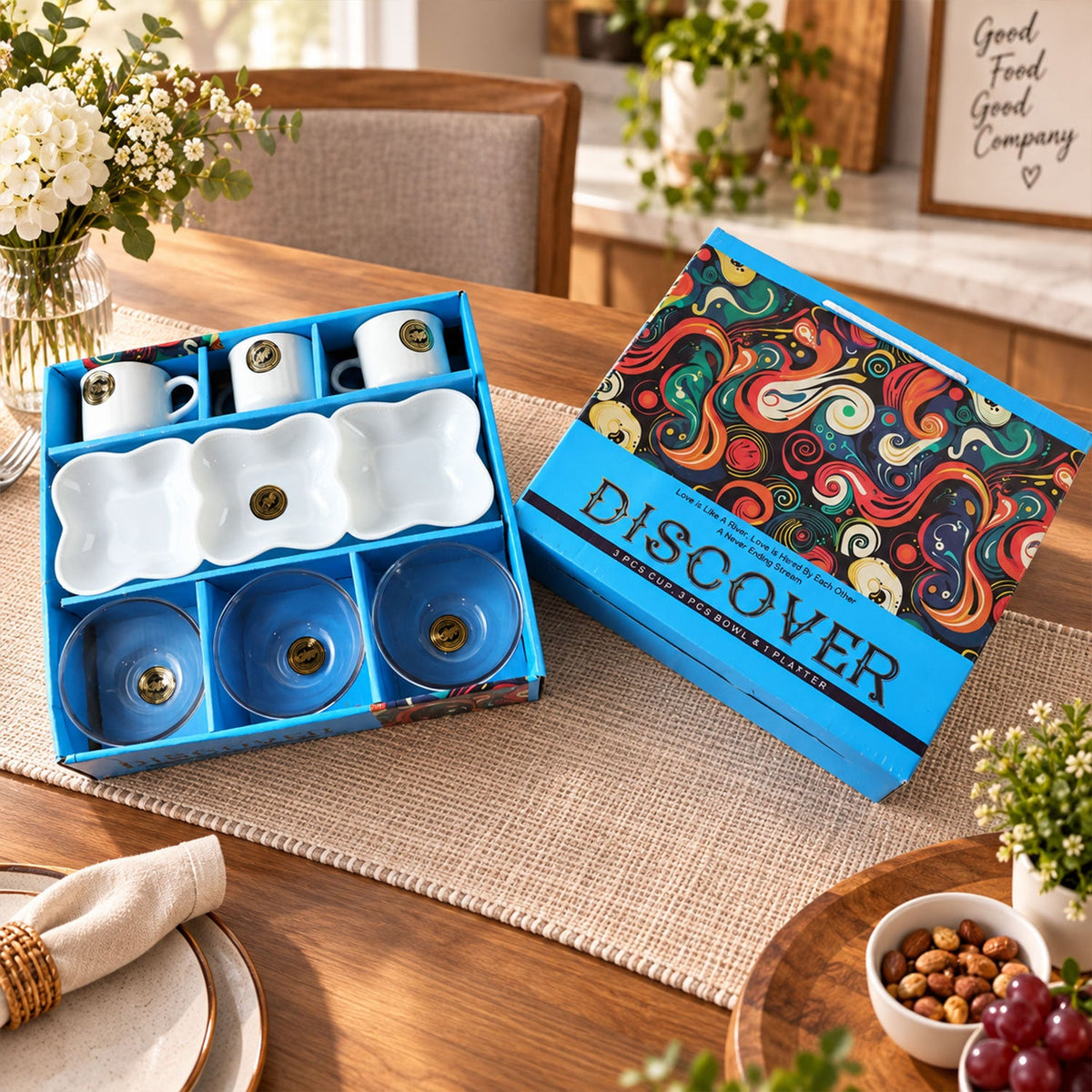 Wukusy 7-piece snack serving gift set with cups, bowls, and divided platter arranged on a table for serving snacks.