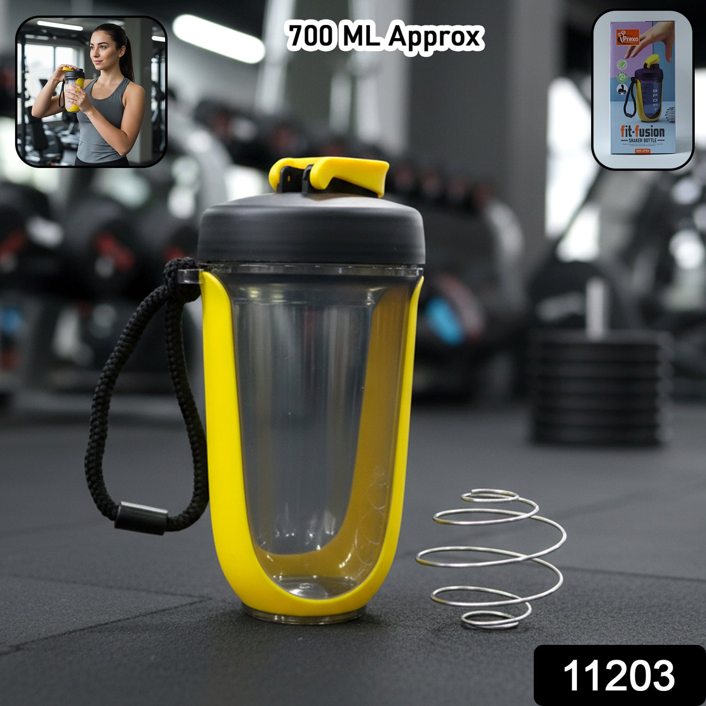 Wukusy Prexo Fit-fusion shaker bottle, 700ml capacity, with a transparent body and black lid for mixing fitness drinks.