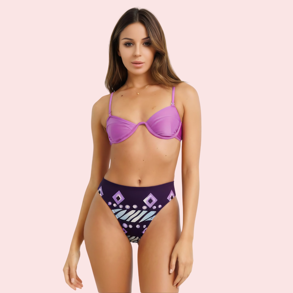 High-waisted tribal geometric print bikini bottom by Snazzyway, featuring vibrant patterns and comfortable fit.