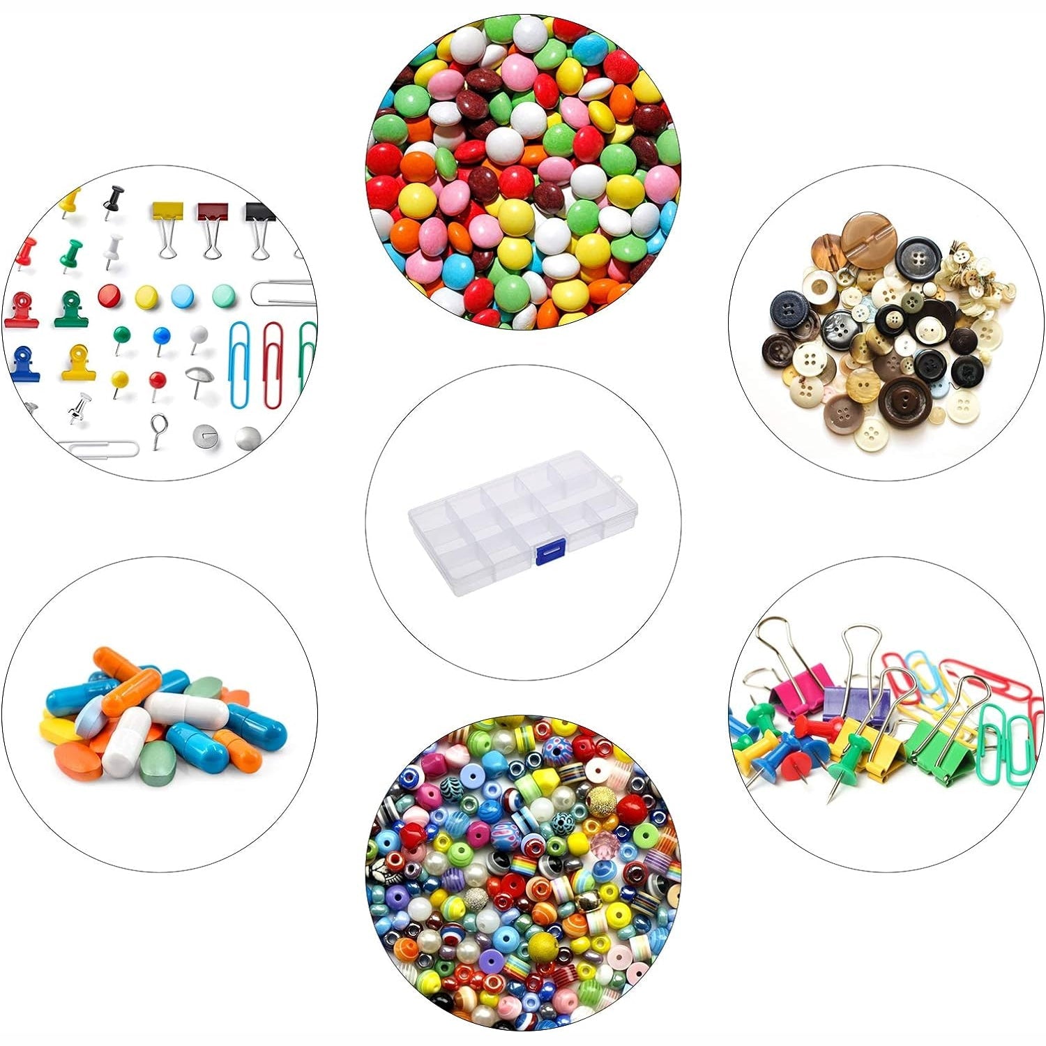 Clear plastic jewelry organizer box with 15 adjustable grid compartments, ideal for beads, small jewelry, or herbs.