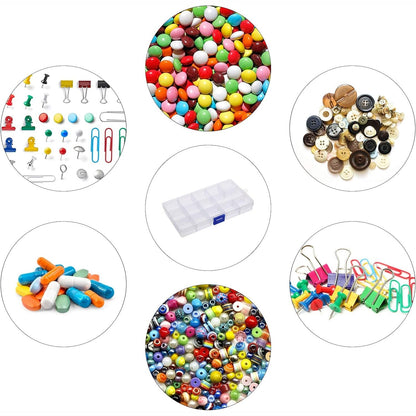 Clear plastic jewelry organizer box with 15 adjustable grid compartments, ideal for beads, small jewelry, or herbs.