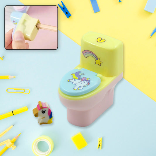 Two Wukusy toilet-shaped plastic pencil sharpeners with erasers, featuring a small cartoon toilet design for school and office use.