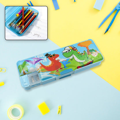 Wukusy 4252 multipurpose plastic pencil case with two compartments, cartoon print, ideal for school supplies and organization.