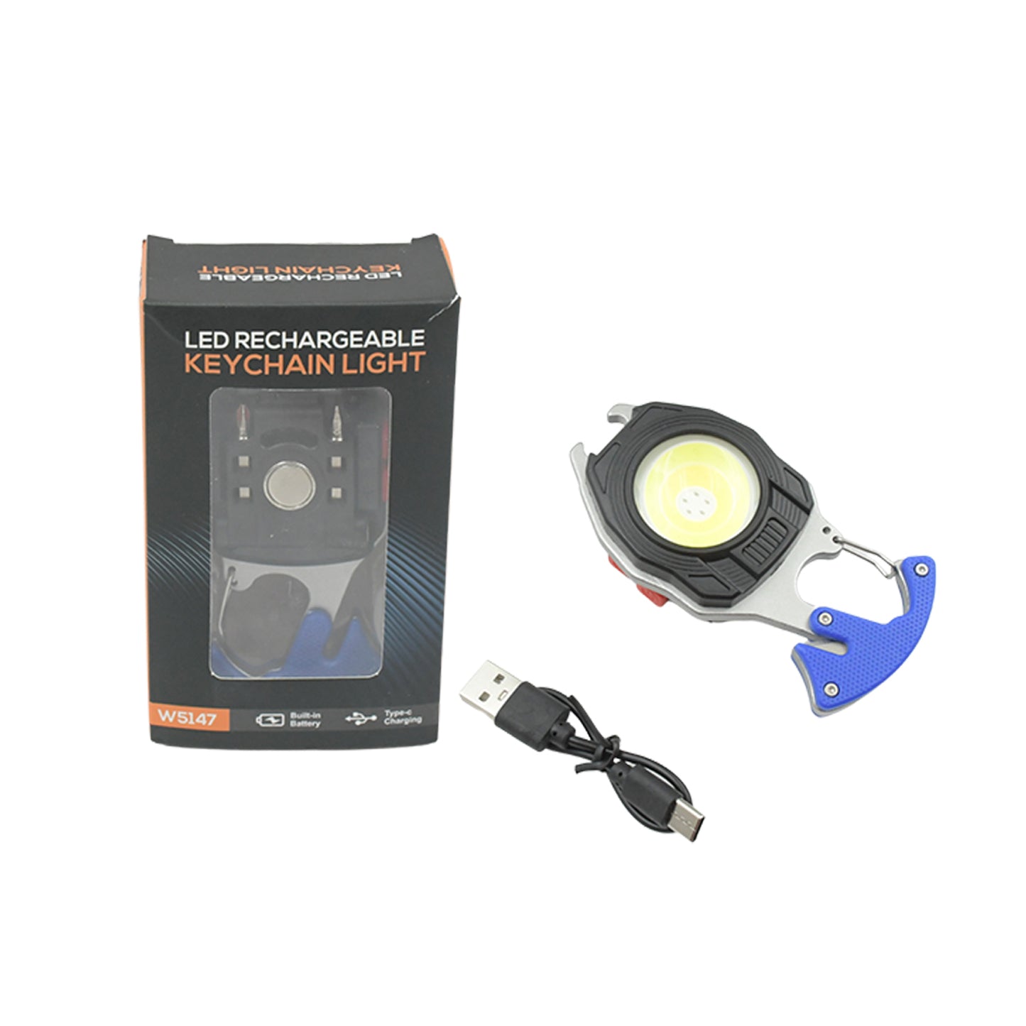 Wukusy 4339 keychain LED flashlight with rechargeable battery, six lighting modes, compact design, and USB charging for outdoor use.