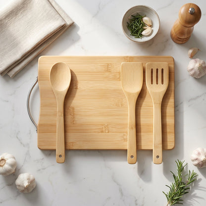 Wooden Cutting Board Combo Set With Bamboo Spoon Spatula And Turner (4 Pc Set)