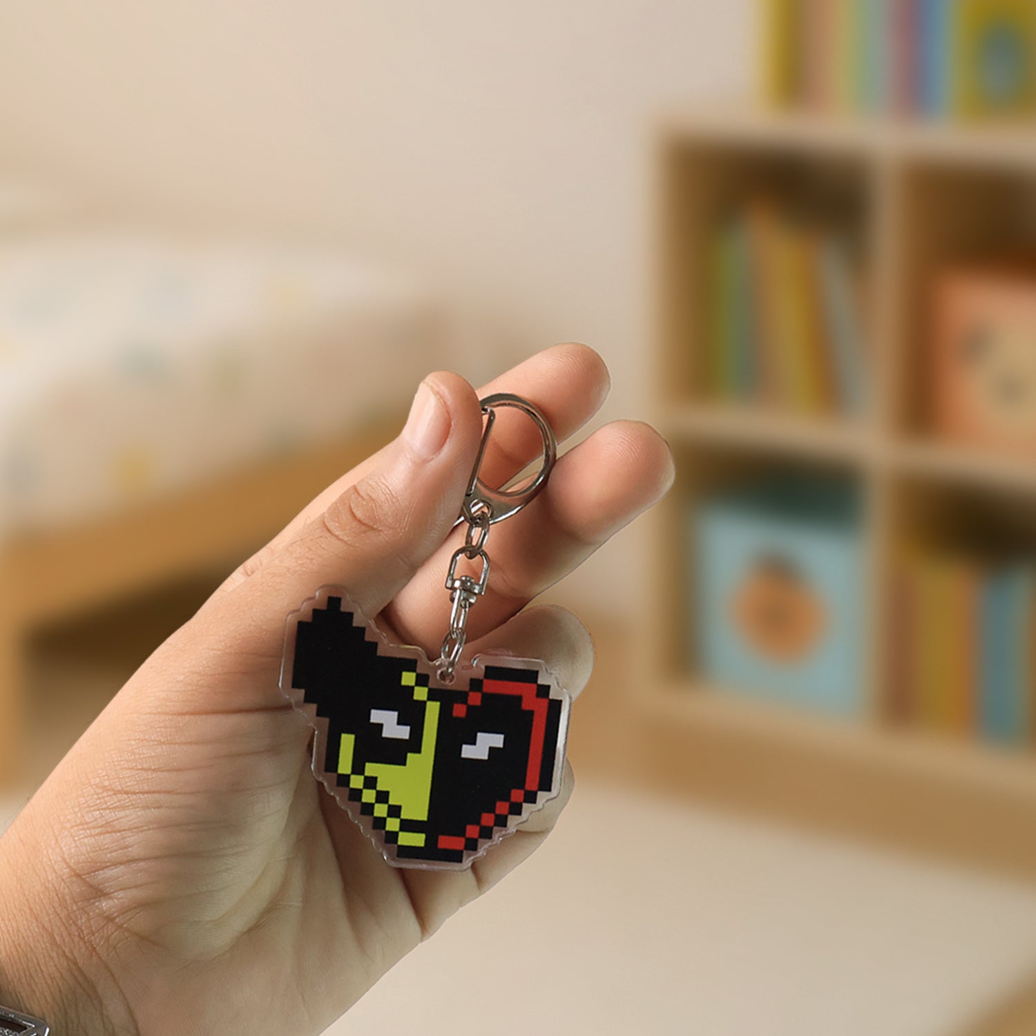 Pixel style acrylic cartoon keychain with funky design, featuring vibrant colors and Wukusy branding, ideal for home decor accessories.