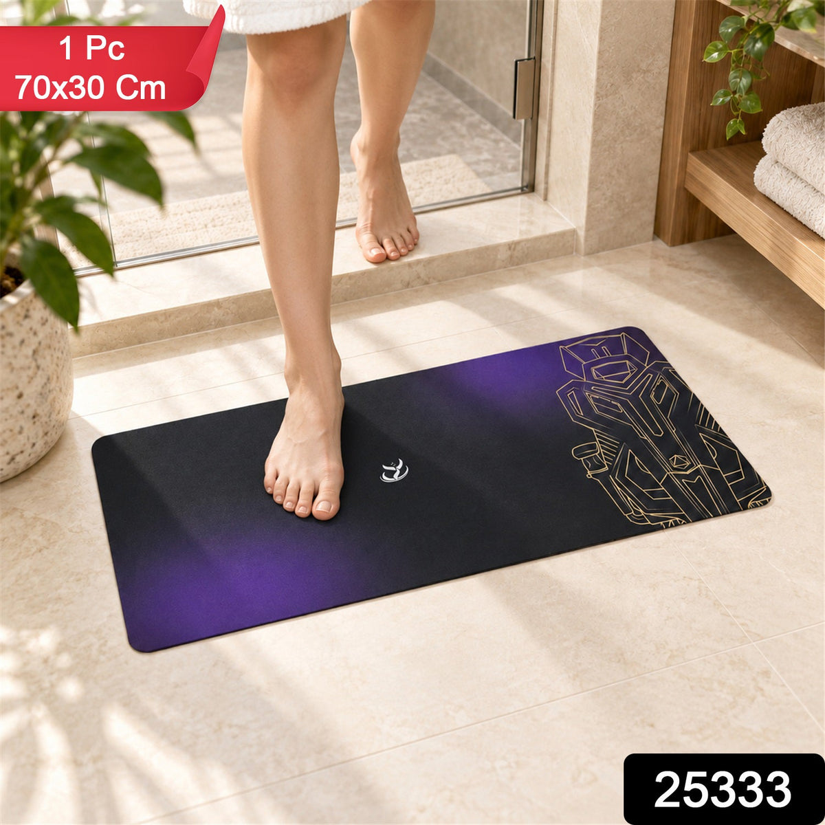 Purple and black gradient bath runner with gold line art design, anti-slip mat, 70x30 cm, by Wukusy.