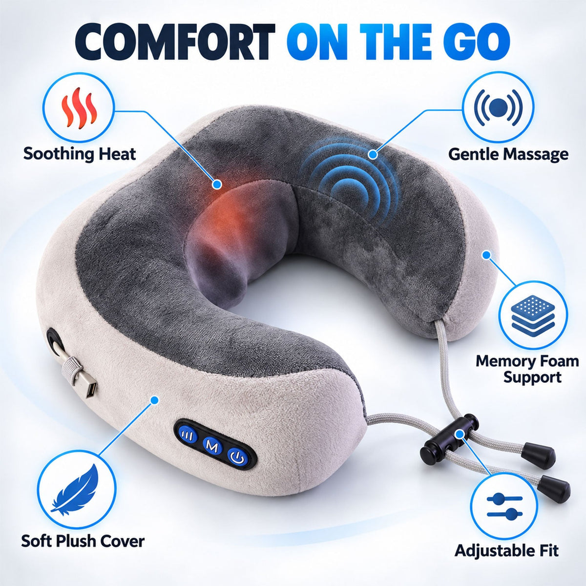 Wukusy electric U-shape neck massage pillow with heat, USB charging for travel, showing the black massage cushion in use.