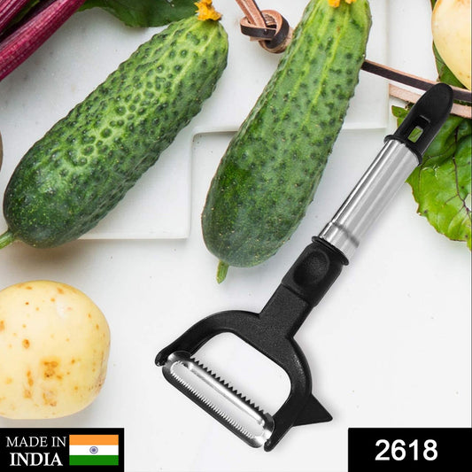 Wukusy 2-in-1 double julienne and vegetable peeler with ergonomic handle for slicing and peeling vegetables in the kitchen.
