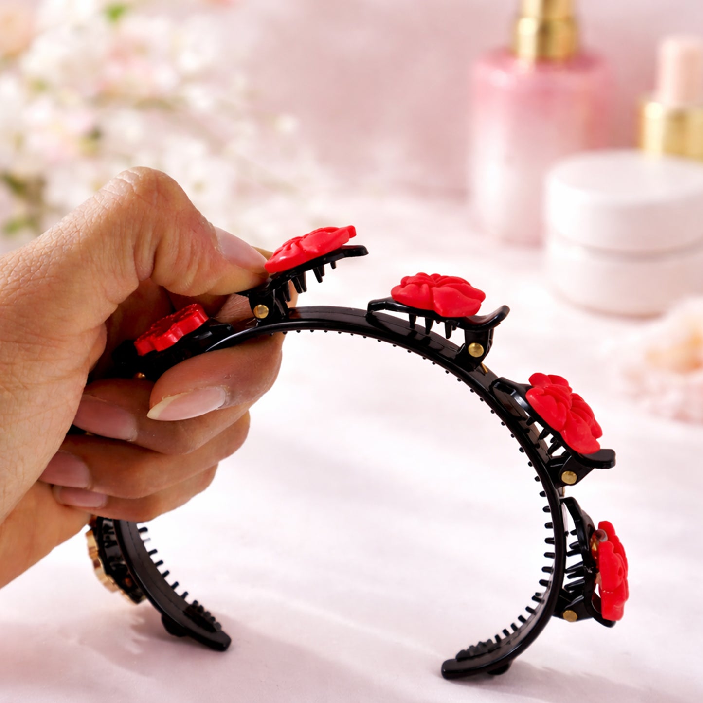 Decorative Floral Headband With Built In Mini Claw Clips Hair Band 1 Pc